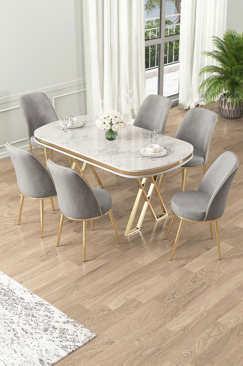 Set masă și scaune (7 piese), Hanah Home, Lai, Alb / Auriu / Gri - imagine 4